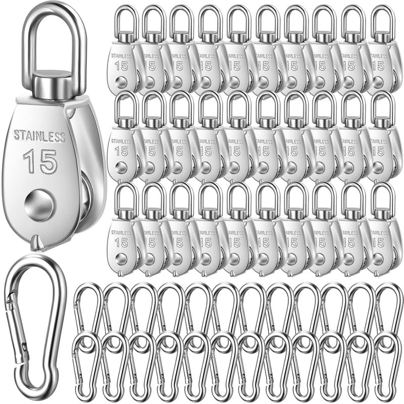 Ferraycle 30 Pcs Single Pulley Block System 304 Stainless Steel Pulley Wheel Hanging Wire Towing Wheel with 30 Pcs Spring Snap Hook, Lifting Wire Rope Single Swivel Roller, Silver(M15) - Image 1